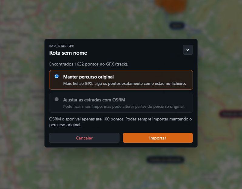 Janela de importação GPX com opções de percurso