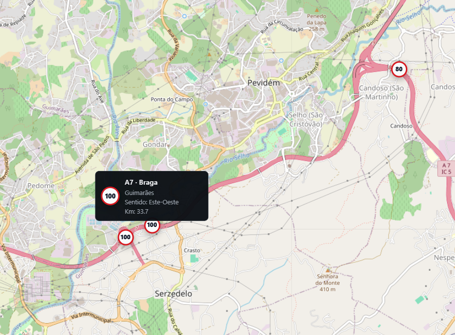 Mapa com indicação de radares de velocidade