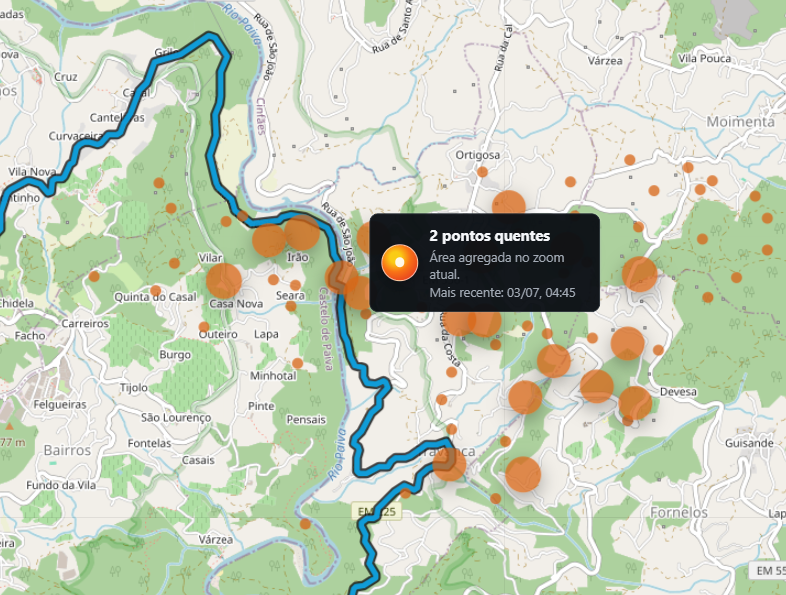 Rota no mapa com alertas de incêndio