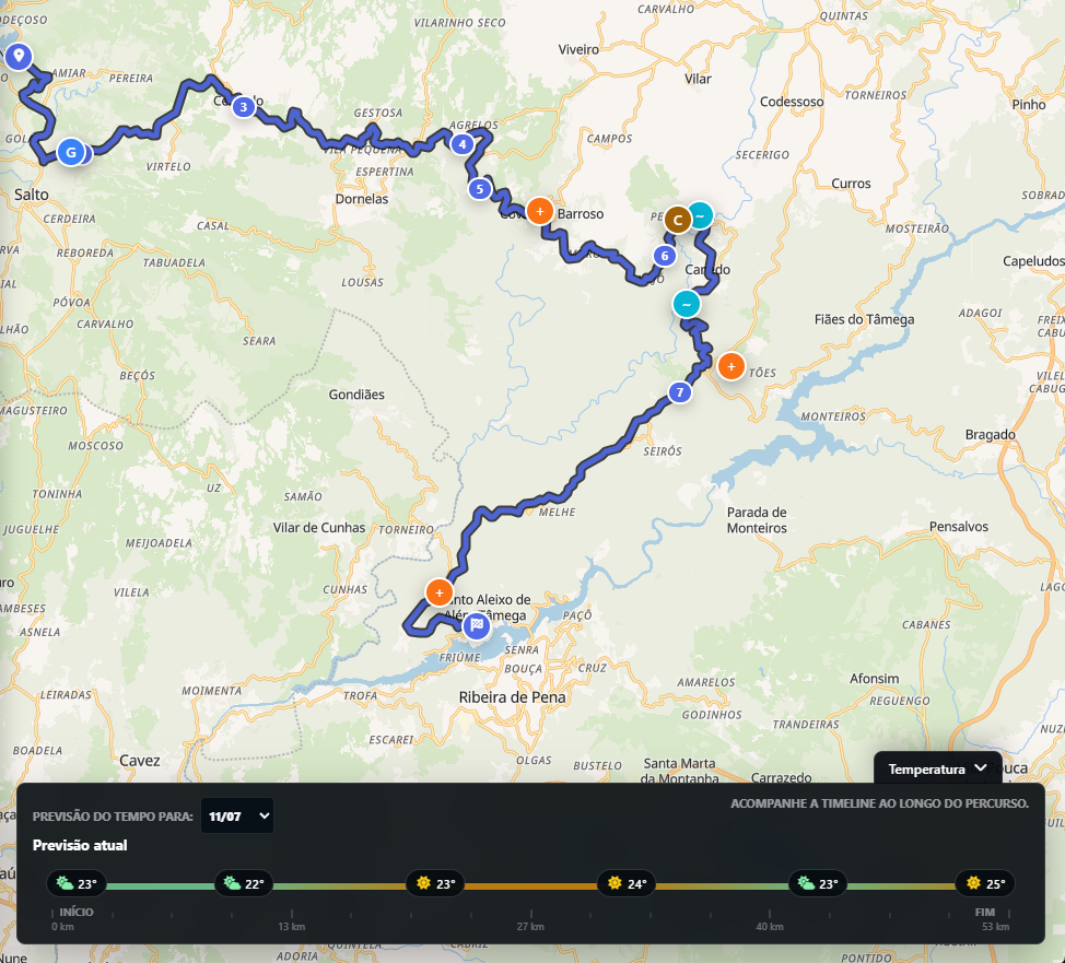 Timeline de previsão meteorológica ao longo de uma rota no mapa