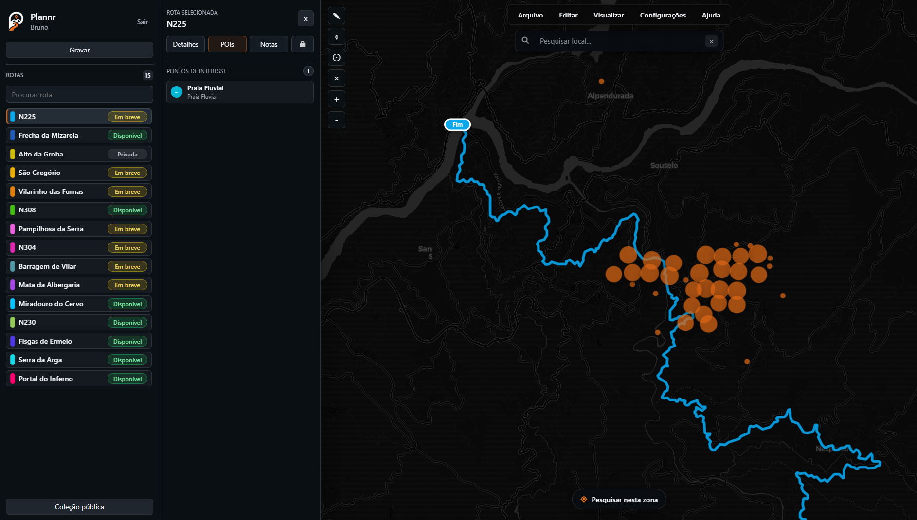 Editor Plannr em mapa escuro