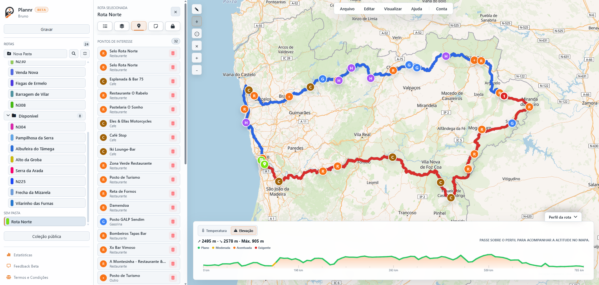 Editor Plannr em mapa normal com uma viagem dividida em etapas